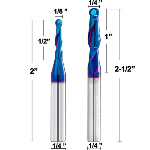 Two Piece Ball Nose End Mill Set For CNC Router Bits, Carbide With Nano Blue Coating, 1/4 Inch Shank, 1/8 Inch Cut, 2 Inch OAL