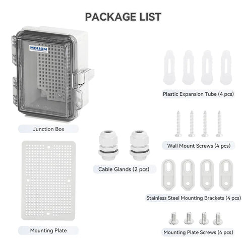 Rugged Outdoor Junction Box With IP67 Waterproof Rating And Hinged Transparent Cover, package includes mounting plate and accessories