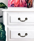 Set Of 6 Antique Bronze Drop Bail Cabinet Pulls With Carved Texture For Drawer Dresser And Closet Furniture in use on white dresser