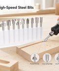 Top Tier 10 Piece Carbide Router Bit Set With One Eighth Inch Shank For Rotary Tools showcasing high-speed steel bits arranged in storage.