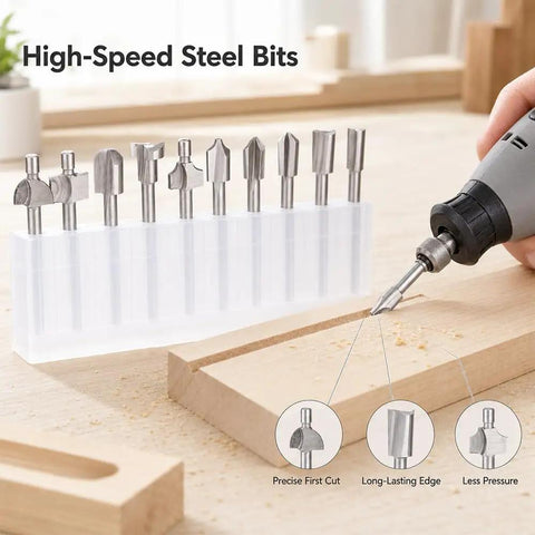 Top Tier 10 Piece Carbide Router Bit Set With One Eighth Inch Shank For Rotary Tools showcasing high-speed steel bits arranged in storage.