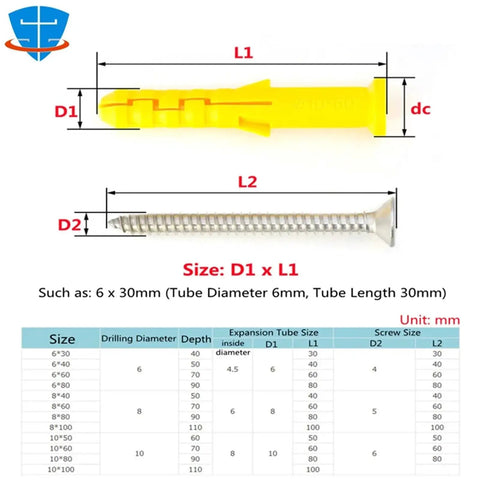 M8 Expansion Tube Wall Anchors Kit With Flat Countersunk Screws 50 Piece DIY Drywall Anchors size chart and measurements