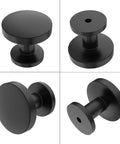 Fresh Round Matte Black Drawer Knobs 1.2 Inch Cabinet Hardware 10 Pack With Mounting Screws displaying different angles of smooth black knobs.