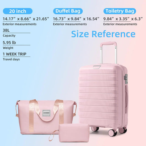 3-piece LARVENDER pink hardside luggage set with 20-inch carry-on, matching duffel bag, and pouch.