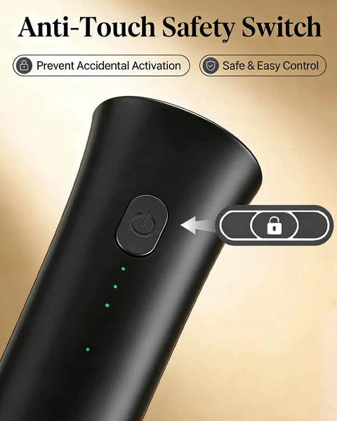 Close-up of the anti-touch safety switch on a Hands Free Milk Frother Wand With Stand Low Noise Rechargeable Electric Frother.