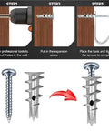Heavy Duty Drywall Screws And Anchors Kit With Self Drilling No Prep Install 200 Sets Built To Last Yellow Zinc Plated Carbon Steel Rust Resistant Wall Fixing Hardware For Cabinets Shelves TV Mounts And More showing screw and anchor install steps