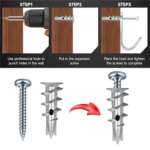 Heavy Duty Drywall Screws And Anchors Kit With Self Drilling No Prep Install 200 Sets Built To Last Yellow Zinc Plated Carbon Steel Rust Resistant Wall Fixing Hardware For Cabinets Shelves TV Mounts And More showing screw and anchor install steps