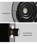 Close-up of No Sweat 26 Inch High Velocity Industrial Misting Fan with atomizing disk and spray adjustment knob.