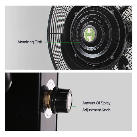 Close-up of No Sweat 26 Inch High Velocity Industrial Misting Fan with atomizing disk and spray adjustment knob.