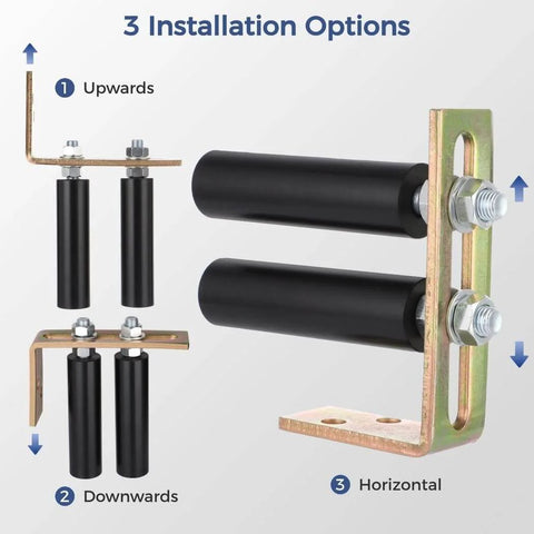 6-Inch Universal Nylon Gate Roller With L-Shape Bracket showing 3 installation options: upwards, downwards, horizontal.