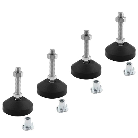 Shop Grade Adjustable Leveling Feet With T Nut Bolts, four pack rubber cushioned bases with M8 threaded studs and inserts.