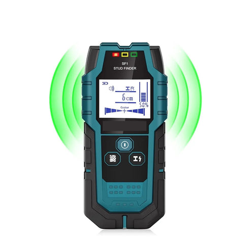 Heavy Duty Wall Scanner Detecting Wood Studs Hidden Live Cables And Conductive Metal With Rock Solid Depth Accuracy Featuring Crisp View Lcd Screen and sharpe beeping alert showing digital LCD screen and detection signals.