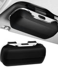 Premium Abs Sunglasses Holder For Tesla Cybertruck Sun Visor in black with chrome finish, attached to a vehicle's sun visor.