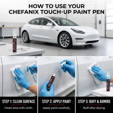 Tesla Touch Up Paint Pen For Model 3 Y S X Pearl White Multi Coat PPSW Exact Color Match Car Paint Scratch Repair 2 In 1 Brush And Pen DIY tutorial steps