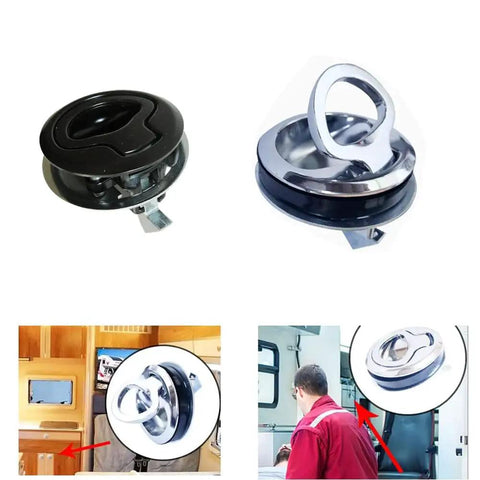 Rock Solid Heavy Duty 2 Piece Flush Pull Slam Latch Kit With Slick Black Steel Build, shown from different angles for RV and marine use.