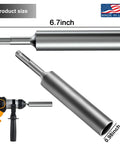 Ground Rod Driver For Five Eighths To Three Quarters Inch Rods, SDS Plus Drill Bit Adapter shown with dimensions and drill attachment