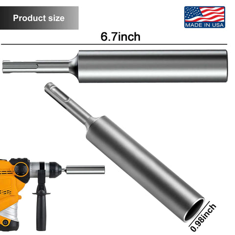 Ground Rod Driver For Five Eighths To Three Quarters Inch Rods, SDS Plus Drill Bit Adapter shown with dimensions and drill attachment