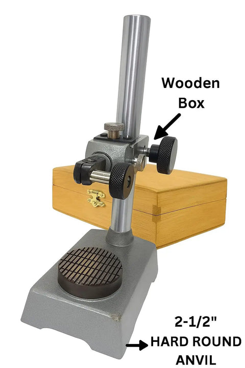 Comparator Stand With A Two And A Half Inch Hard Round Anvil Base, Fine Adjustment, Adjustable Tilt, Rock Solid Cast Iron Base, Textured Platform For Secure Specimens, Versatile Durable, Includes Wooden Box. Front view with wooden box.