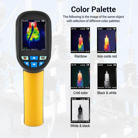 Portable Handheld Infrared Thermal Imager With Laser Pointer, 160 By 120 IR Resolution, 25 Hz Refresh Rate, 2.8 Inch Screen, Temperature Range From -4 To 1022 F, Pro Grade Gear displayed with color palette options.