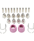 Top 24-Piece Plasma Cutter Consumables Kit For SG-55 AG-60 WSD-60 includes various nozzles, electrodes, and shields.