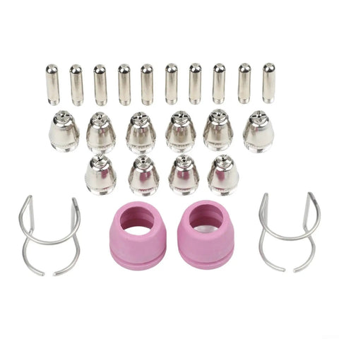 Top 24-Piece Plasma Cutter Consumables Kit For SG-55 AG-60 WSD-60 includes various nozzles, electrodes, and shields.