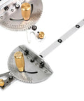 Rock Solid Upgraded Miter Gauge With 27 Tight Angle Stops And Smooth Adjustable Aluminum Head For Table Saw Crosscuts Router Tables Band Saw Bullseye Precision Jig Silver Pro Woodworking Accessory close-up of adjustable aluminum head and indexed stops.