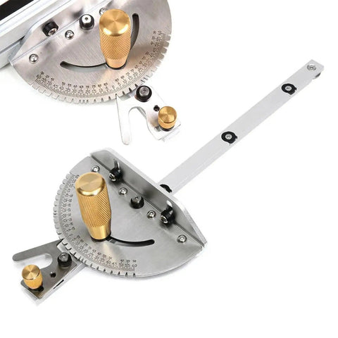 Rock Solid Upgraded Miter Gauge With 27 Tight Angle Stops And Smooth Adjustable Aluminum Head For Table Saw Crosscuts Router Tables Band Saw Bullseye Precision Jig Silver Pro Woodworking Accessory close-up of adjustable aluminum head and indexed stops.