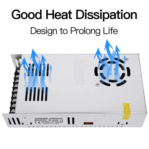 Power Up Your Rig With This 12V DC Power Supply 50A 600W Universal AC to DC Converter showing heat dissipation design