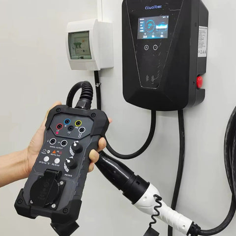 EVSE Charger Tester For Electric Vehicle Charging Stations Plug And Play Simulation Adapter Trigger quick diagnostic checks with hand-held tester.