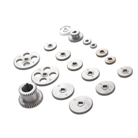 Shop Ready Precision Matched Duplex Gear Set for Mini Metal Lathe Gray Iron Replacement Hardware 18 Tooth Variety Pack gears arranged in a set.