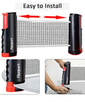 Portable Ping Pong Paddle Set With Retractable Net showing adjustable net attachment on various surfaces.
