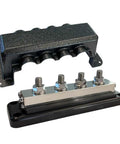 Heavy Duty Busbar 600 Amp 70 Volt For Killer Power Distribution And Rock Solid Battery Wiring With Removable Safety Cover and high current connections.