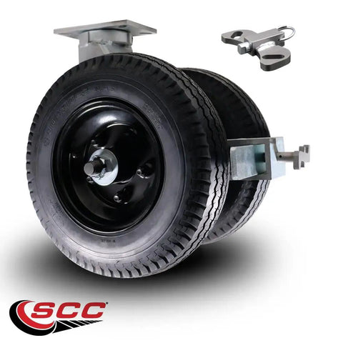 Heavy Duty 16 Inch Dual Wheel Swivel Pneumatic Caster With Black Rubber Wheels And Tapered Bearings, 2,440 Lbs Capacity