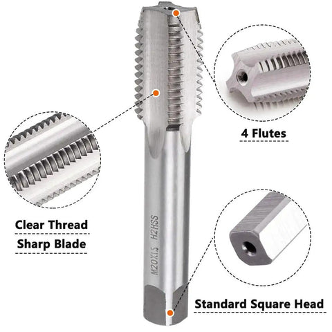 Pro Grade M20 X 1.5 Tap And Die Set showing sharp blade and 4 flutes, High-Speed Steel HSS, for fresh or repaired threads