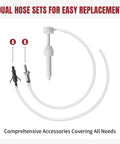 Dual hose set from Lower Unit Gear Oil Pump Kit For Quart Bottles With 3rd Hand Adapter, 3/8 Inch Swivel, 8mm and 10mm Adapters.