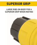 Close-up of Yellow 15 Amp Watertight NEMA 4X 6P Straight Blade Connector 5-15R, 125V, 3-Wire Plug with superior grip ribs