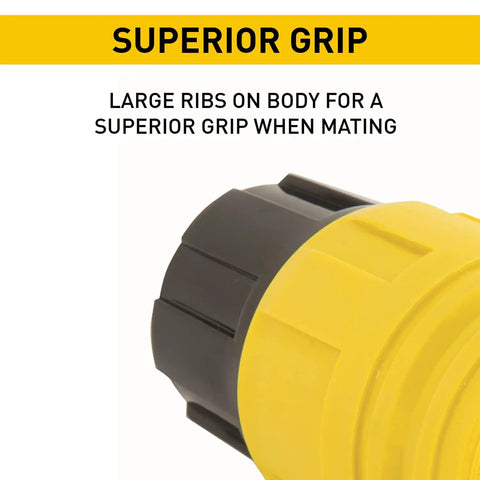 Close-up of Yellow 15 Amp Watertight NEMA 4X 6P Straight Blade Connector 5-15R, 125V, 3-Wire Plug with superior grip ribs