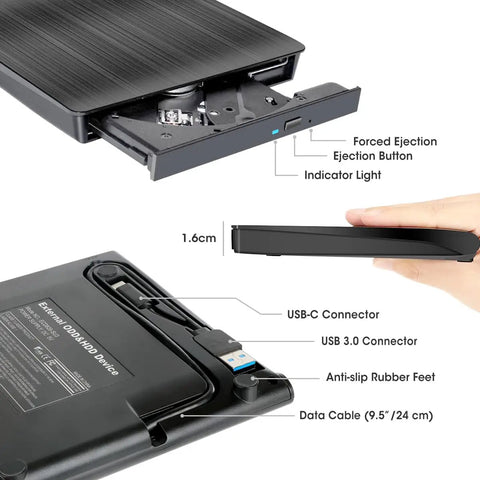 External CD DVD Drive For Laptop And Mac With Case USB 3 Type-C Plug And Play For Reading Burning And Watching CDs And DVDs On The Go Wide Compatibility Compact Portable Design, 1.6cm slim black drive with USB-C and USB 3.0 connectors