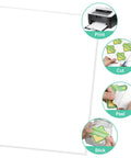 Printable White Full Sheet Sticker Paper Matte 8.5 By 11 Inches For Laser And Inkjet Printers 30 Sheets Includes Online Templates PDF Word PNG displayed with print, cut, peel, and stick actions.