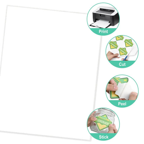 Printable White Full Sheet Sticker Paper Matte 8.5 By 11 Inches For Laser And Inkjet Printers 30 Sheets Includes Online Templates PDF Word PNG displayed with print, cut, peel, and stick actions.