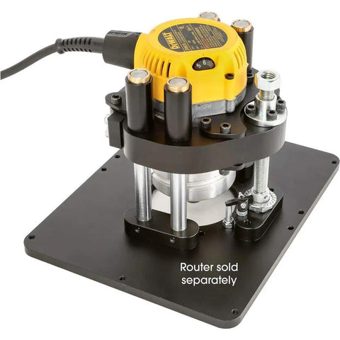 Solid Black Router Table With Precision Height Lift Slick Woodworking Station, featuring adjustable lifts for precise edge cuts.