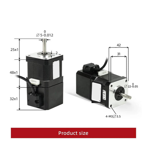 Front and side views of a 42HS48 NEMA17 stepper motor, 12V, 4-lead, 52 N·cm torque, 48 mm body length.