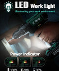 Man using Go-To Cordless Hammer Drill Set With 20V 2.0Ah Battery Two-Pack, LED work light illuminating, wood drilling