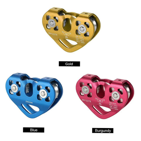 Beefy Built Tough Zip Line Pulley Tandem Speed Double Pulley 30KN 6700LBS Breaking Strength in gold, blue, and burgundy