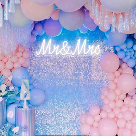 LED Wedding Neon Sign Wall Decor For Engagement Party And Valentines Day Cold White Glow over sequin backdrop with balloons