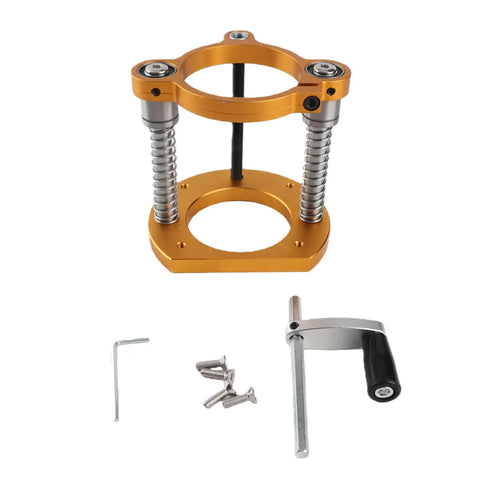 Heavy Duty Router Lift For Trimming Machines With Aluminum Under Table Base 63.5 To 65mm Clamp Diameter 70mm Height Adjustment Crank Handle Gold Finish Pro Grade Build With Durable Two Claw Grip And Stainless Steel Rod For Precise Height Control. gold router lift with screws and hex key