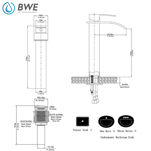 Technical diagram of Vessel Sink Faucet Modern Waterfall In Oil Rubbed Bronze For Single Hole Install One Handle Vanity Bath Tap