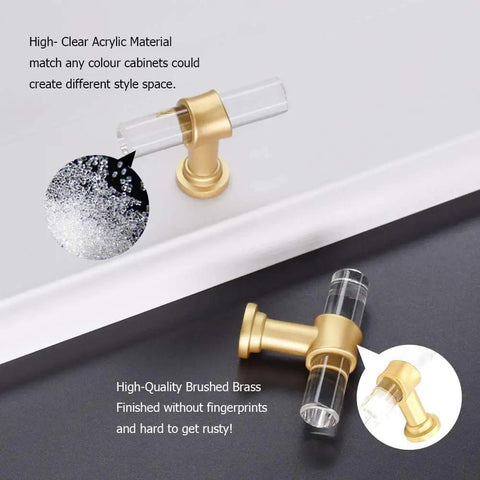 15 Pack Clear Acrylic Dresser Knobs With Gold Brass Tone Zinc Alloy Bases, 2 Inch Length, Modern Easy Install Hardware PH9165GD
