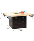Shop Ready High Grade Steel Garage Workbench Hella Tough With Twelve Secure Horizontal Lockers And Four Heavy Duty Vises 64 By 54 By 33 Quarter Inches Matte Black, showcasing solid maple top with vises and lockers.