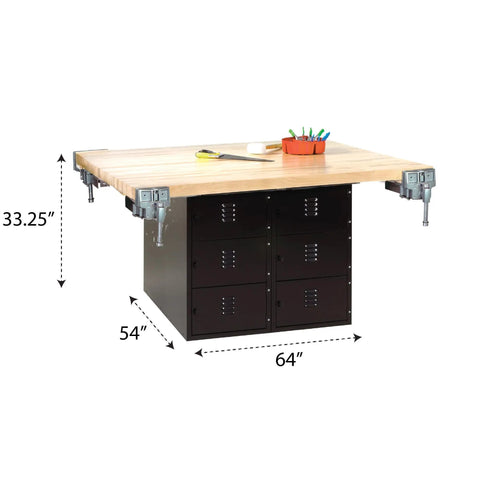 Shop Ready High Grade Steel Garage Workbench Hella Tough With Twelve Secure Horizontal Lockers And Four Heavy Duty Vises 64 By 54 By 33 Quarter Inches Matte Black, showcasing solid maple top with vises and lockers.
